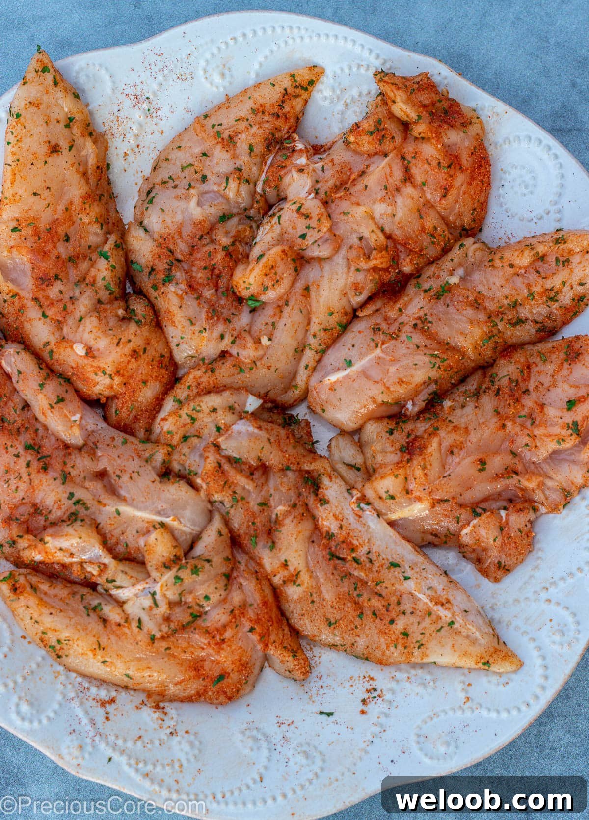 Seasoned chicken tenders on a white plate.