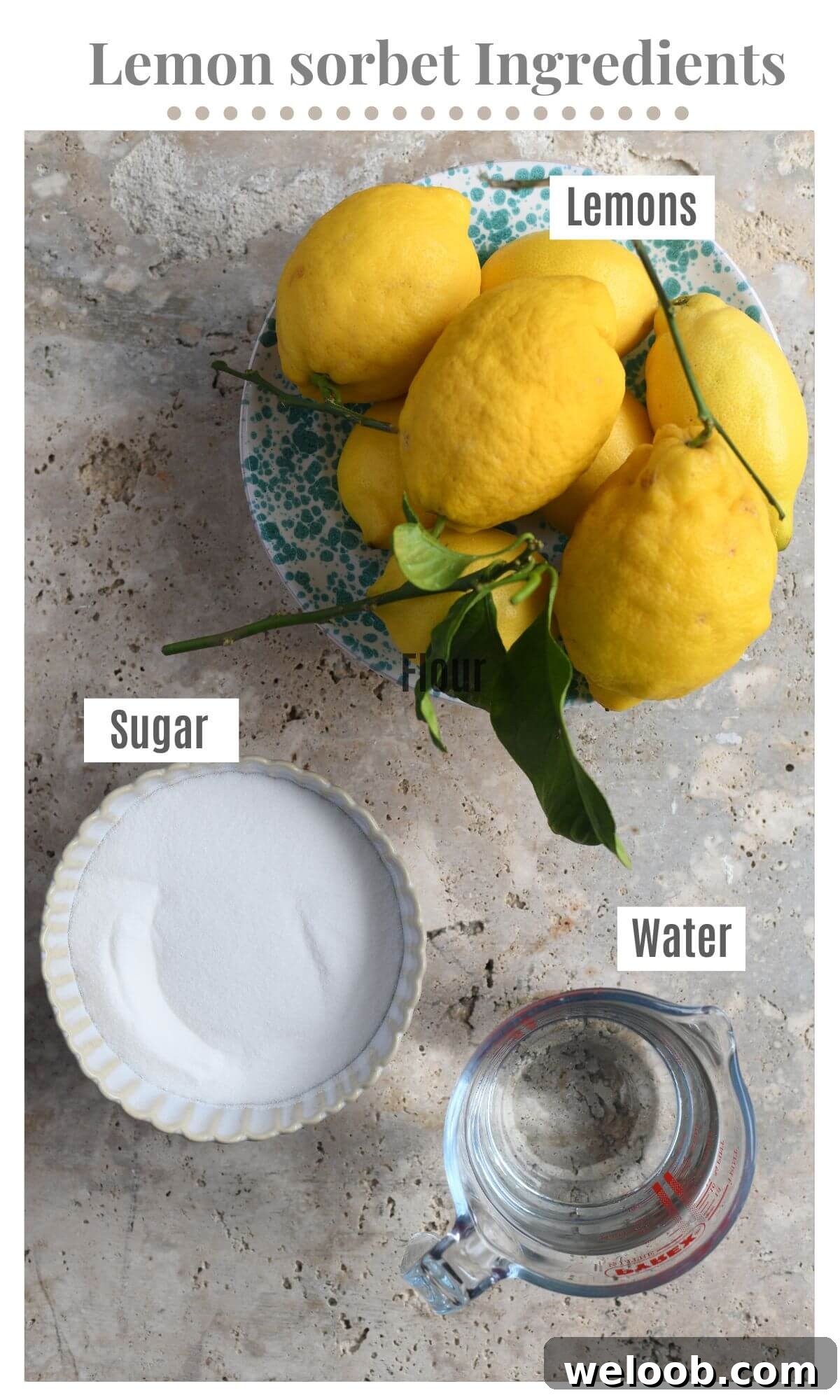 An overhead shot of all the ingredients needed to make lemon sorbet; lemons, sugar and water.