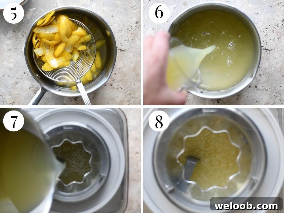 Four photos in a collage showing how to make lemon sorbet in an ice cream machine.