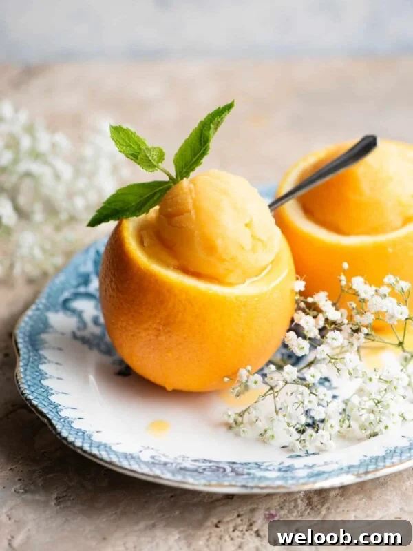 A scoop of orange sorbet served inside a hollowed out orange topped with mint leaves and a small spoon.