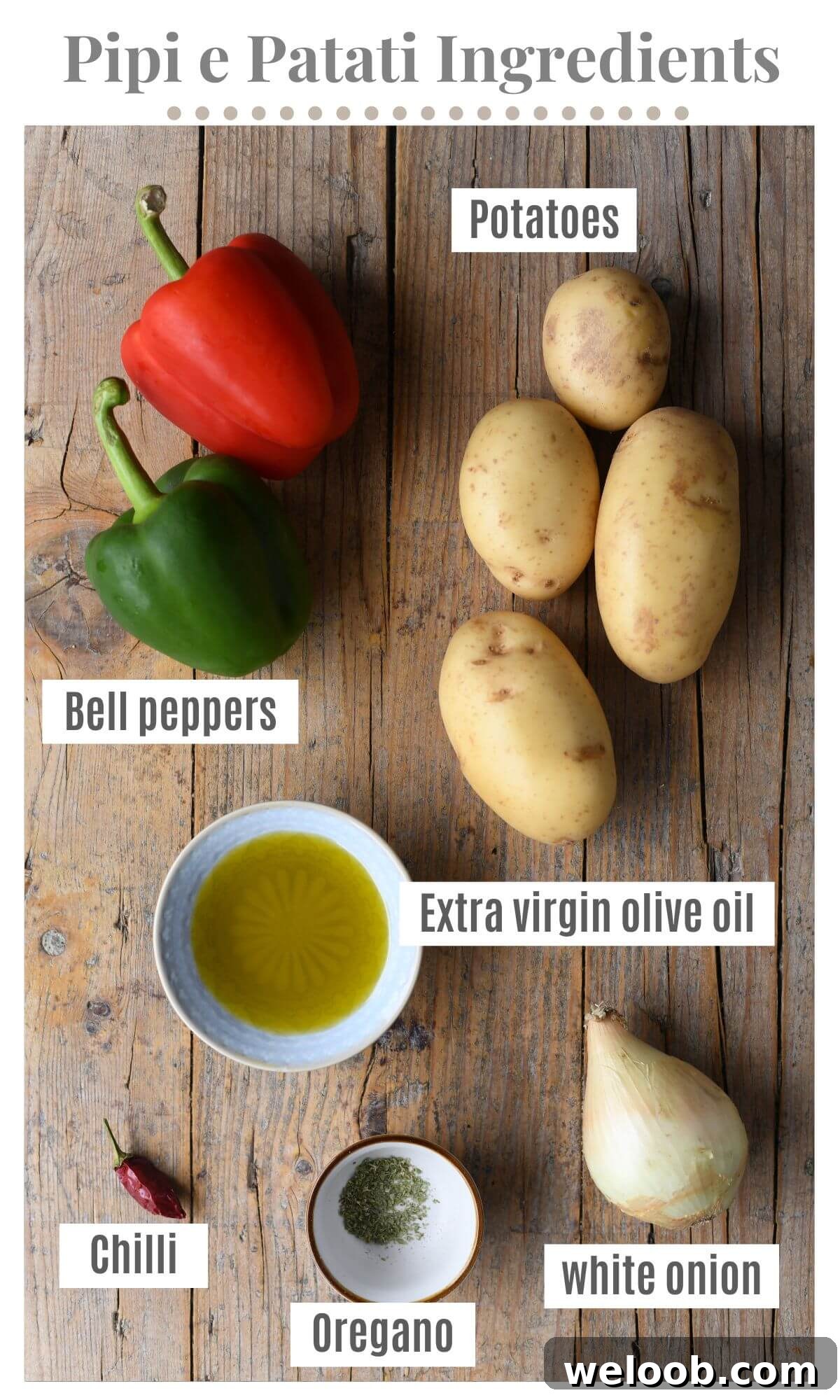 An overhead shot of all the ingredients needed to make Italian peppers and potatoes.