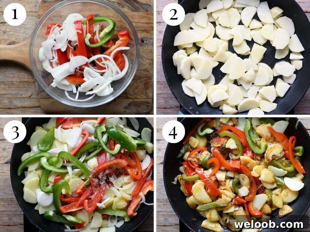 Four photos in a collage showing how to make Italian Pipi e Patati.