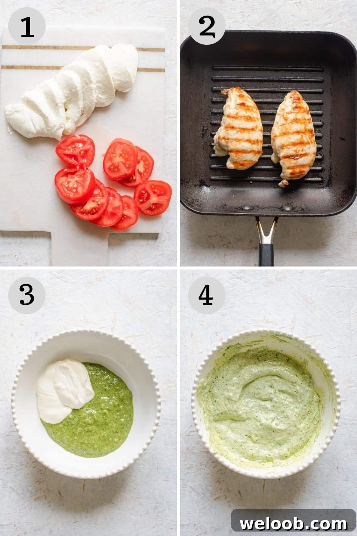 Step by step photos showing how to prepare ingredients to make a chicken ciabatta sandwich with pesto