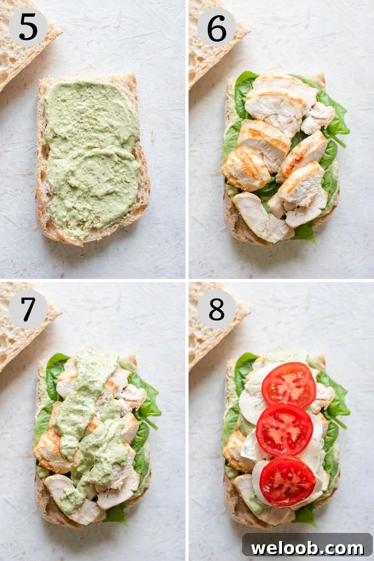 Step by step photos showing how to assemble a chicken ciabatta