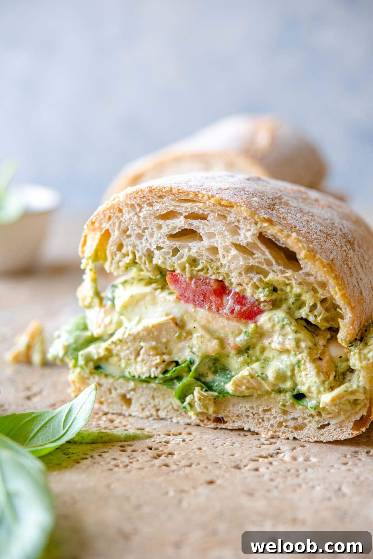 A close up of a chicken pesto ciabatta cut in half