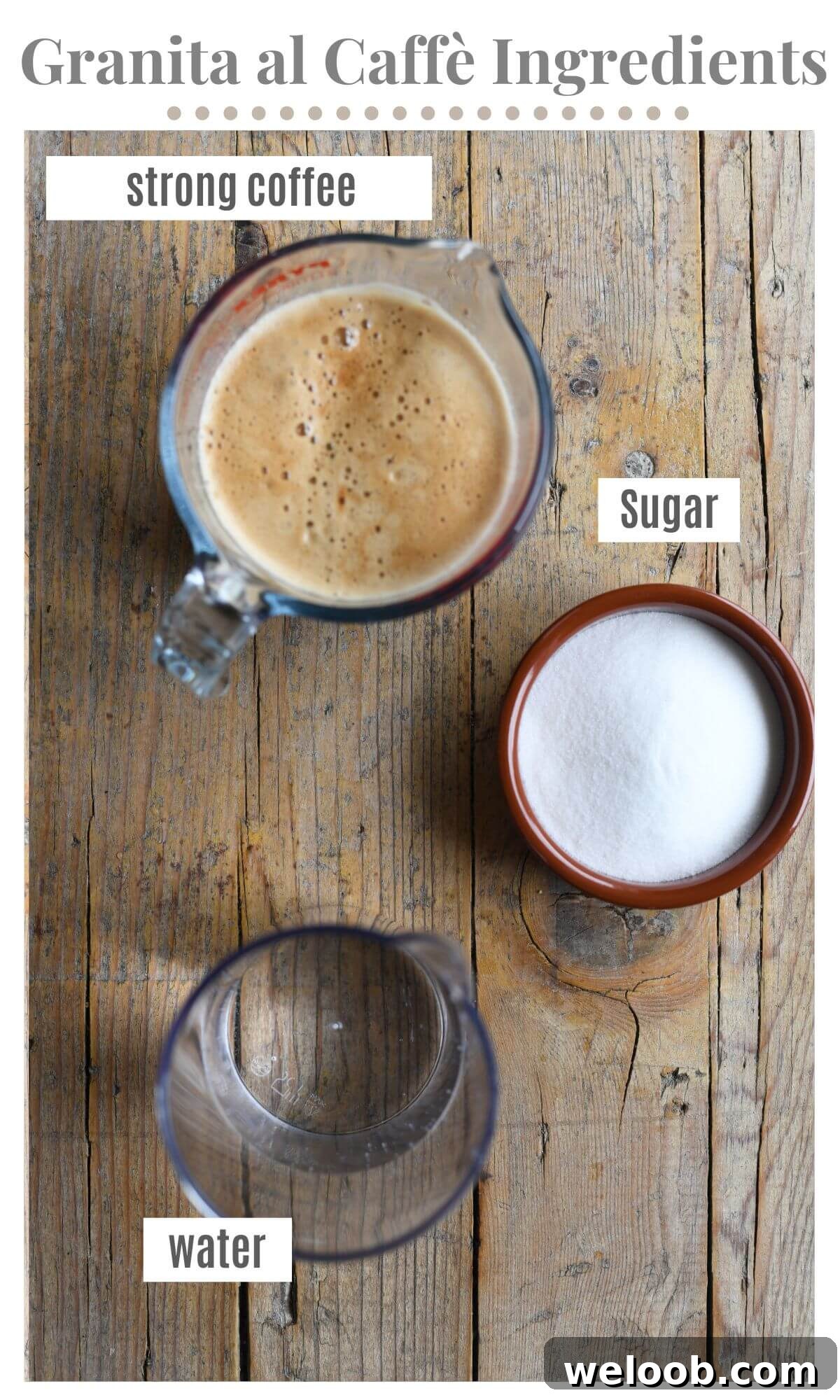 An overhead shot of three ingredients needed to make coffee granita; coffee, sugar and water.