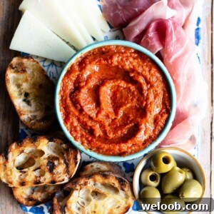 A cropped image of Ajvar, a red pepper dip in a blue bowl surrounded by antipasti.