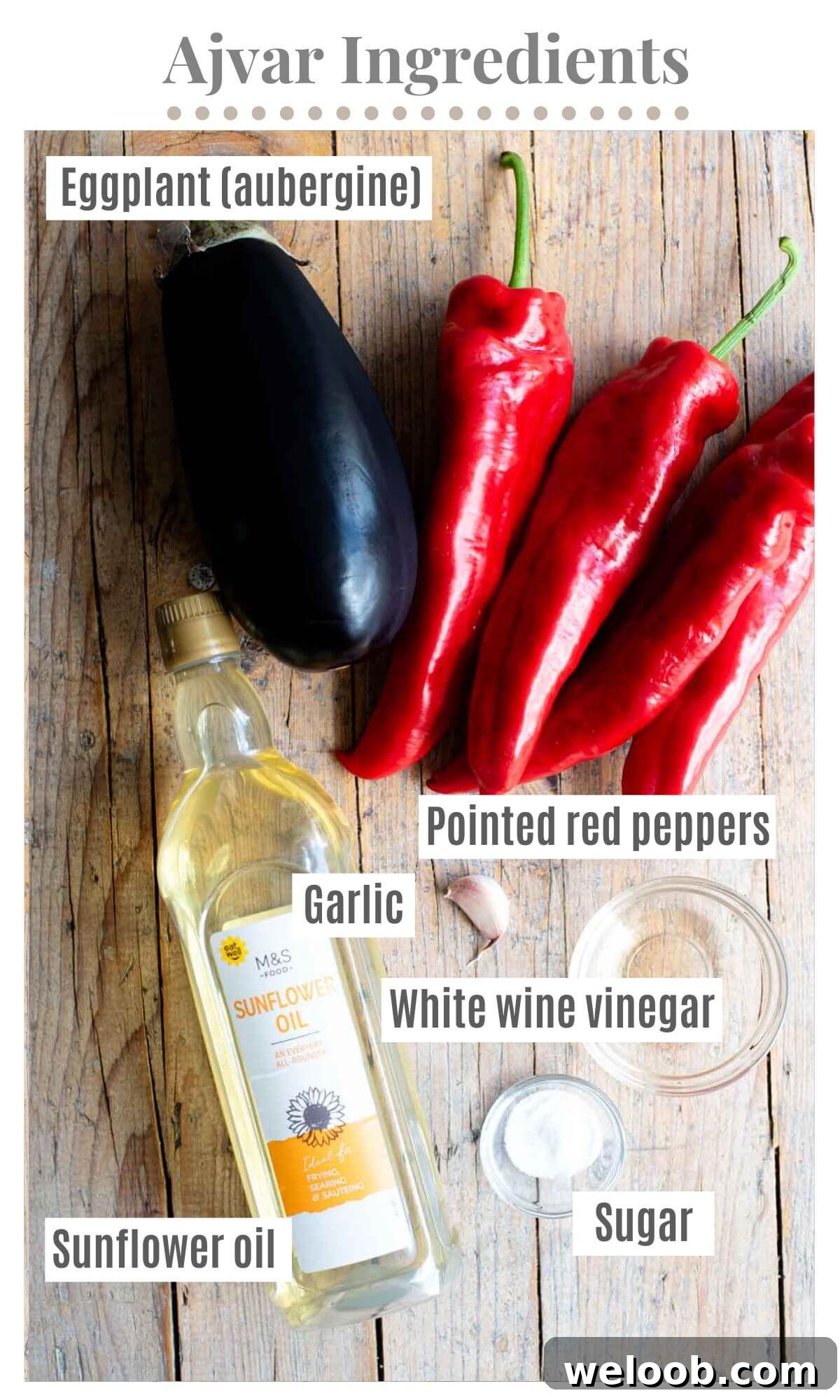 An overhead shot of all the ingredients needed to make Ajvar dip.