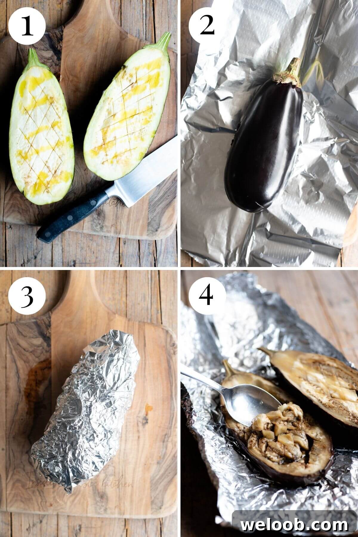 Four photos in a collage showing how to roast a whole eggplant.