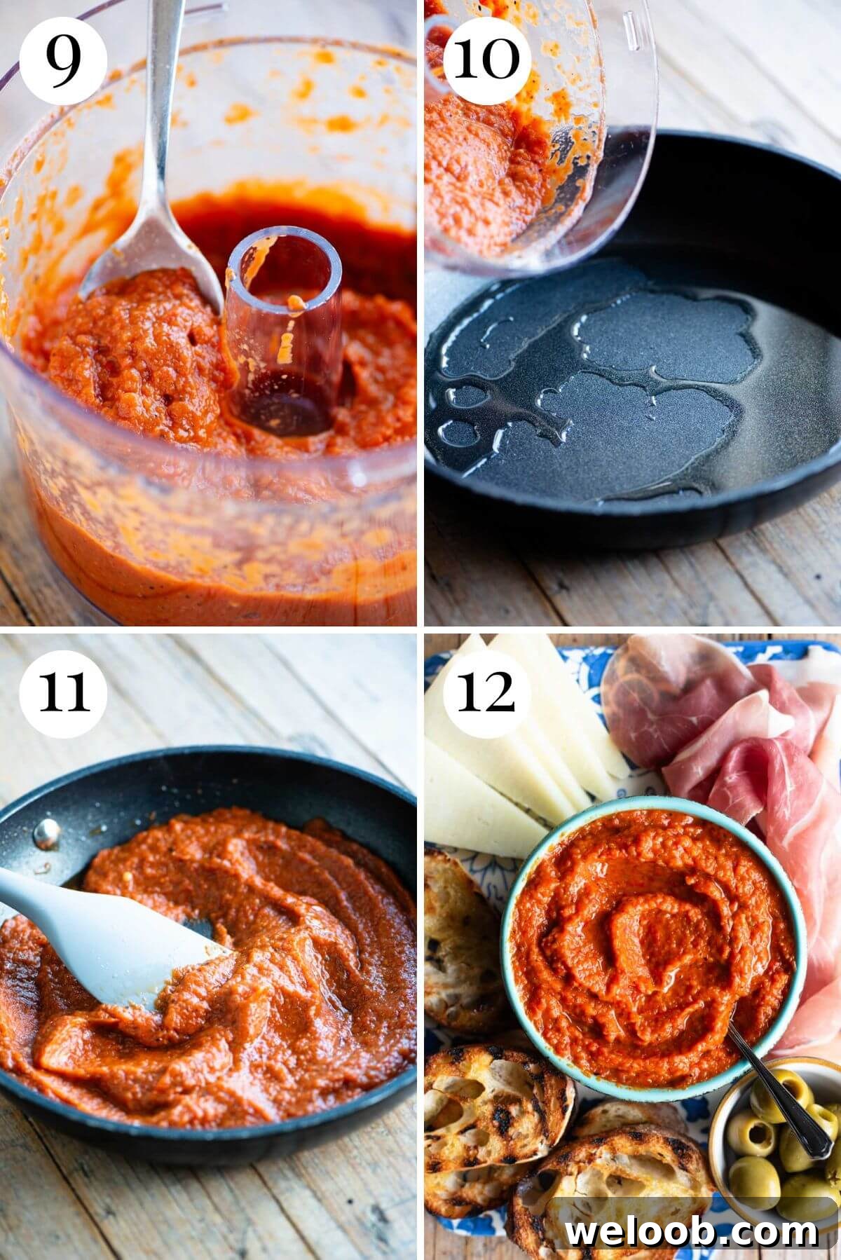 Four photos in a collage showing how to make Ajvar dip.