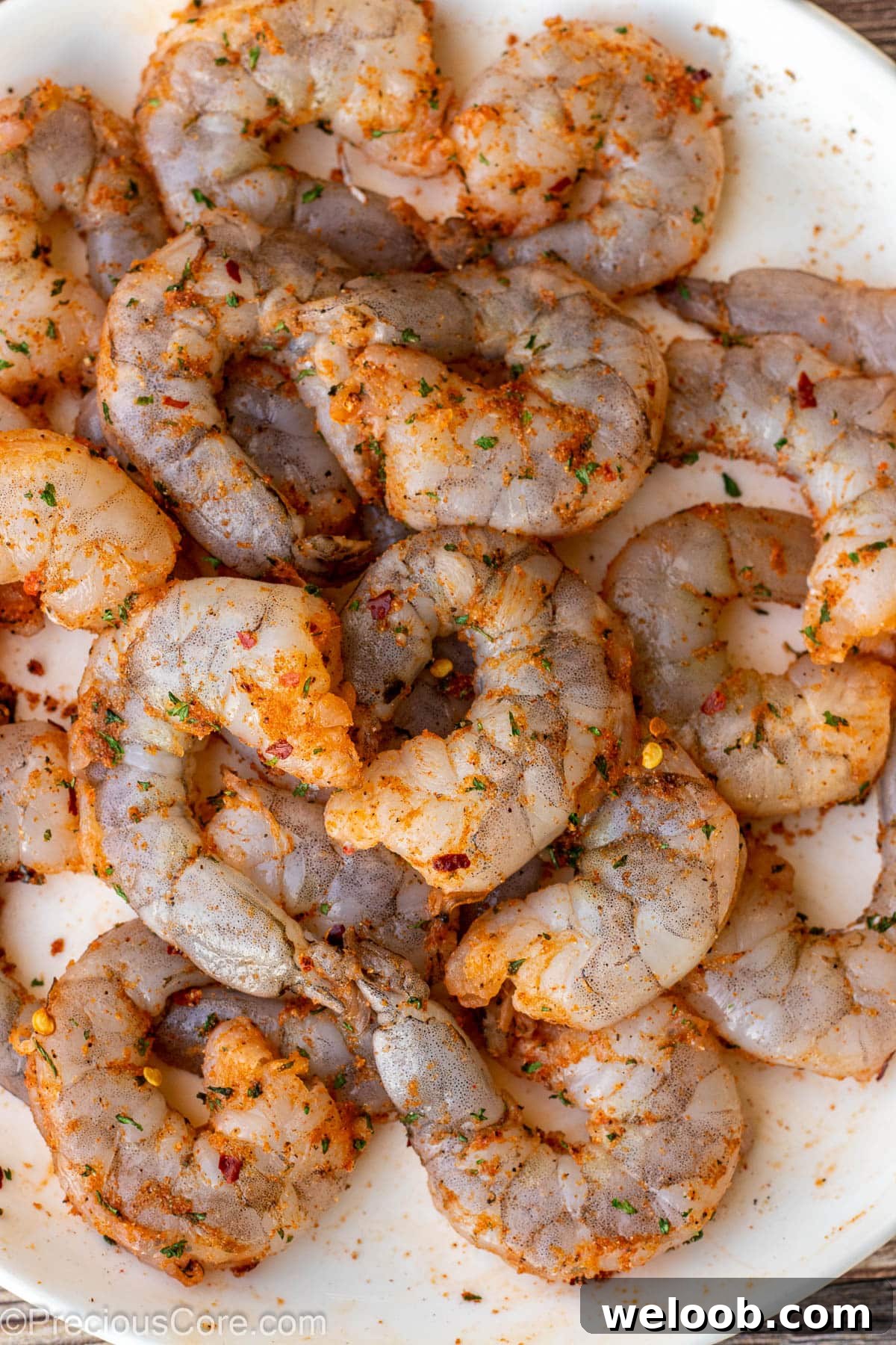 Raw seasoned shrimp on a white plate.