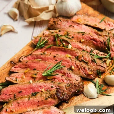 Square image of pan seared flank steak.