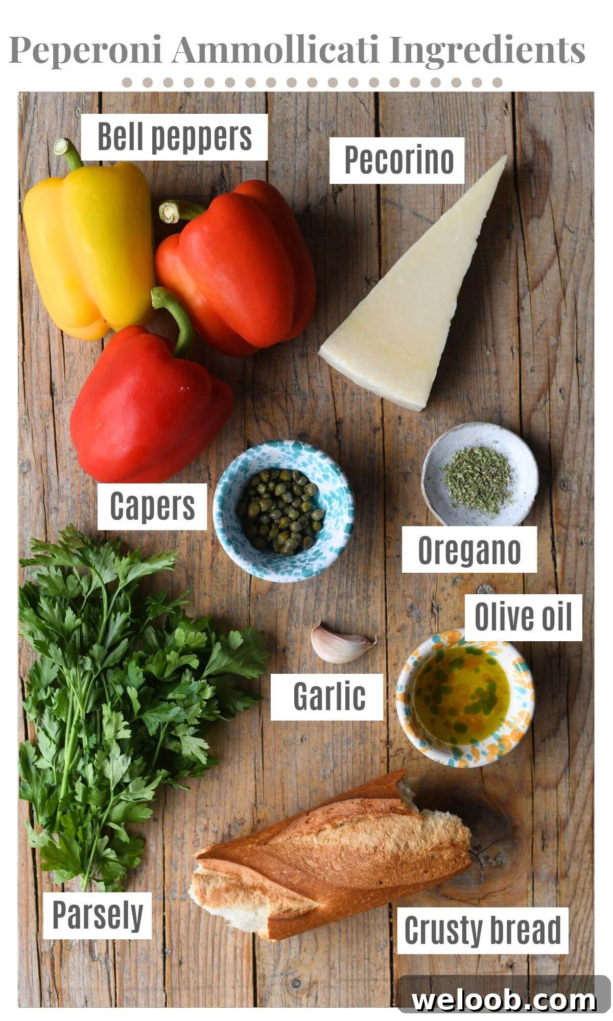 An overhead shot of all the ingredients needed to make and Italian side dish with bell peppers and breadcrumbs.