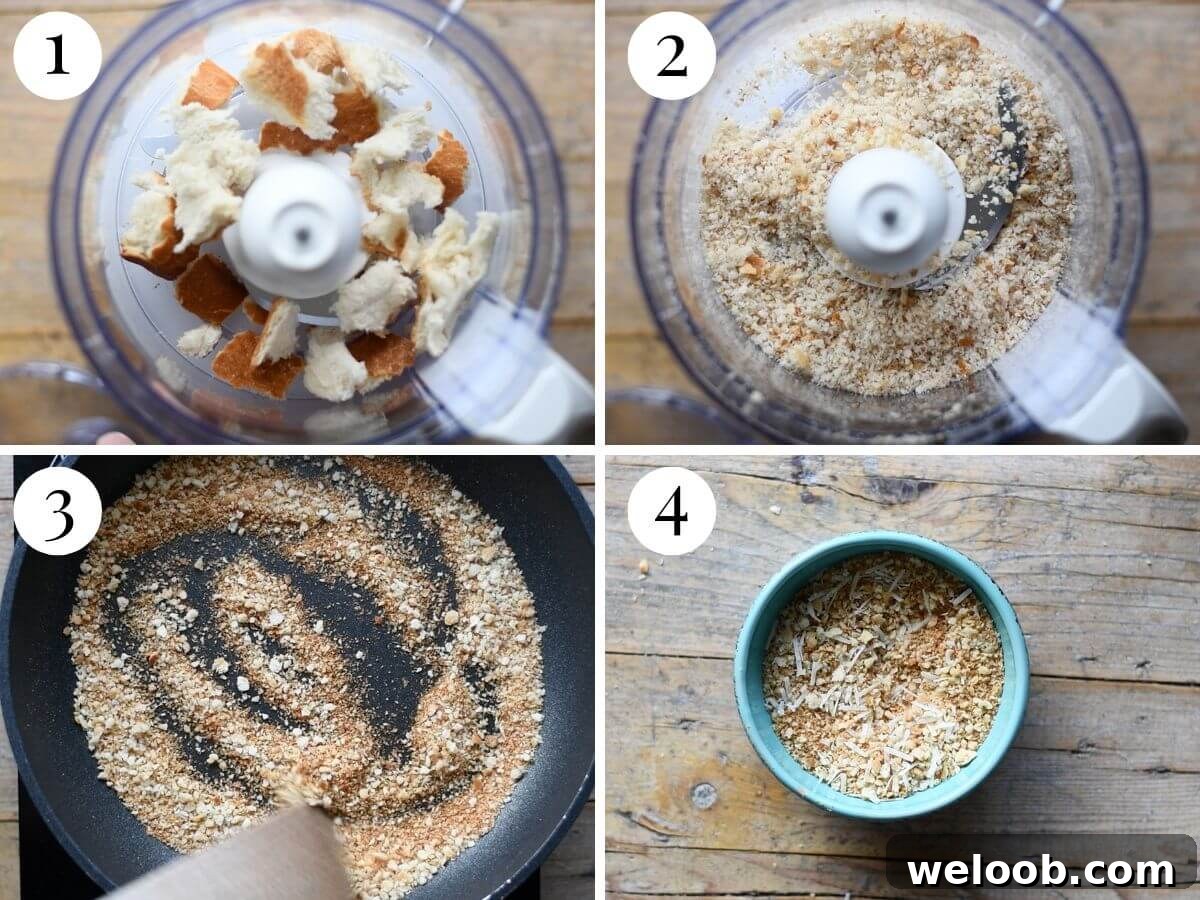 Four photos in a collage showing how to make breadcrumbs.