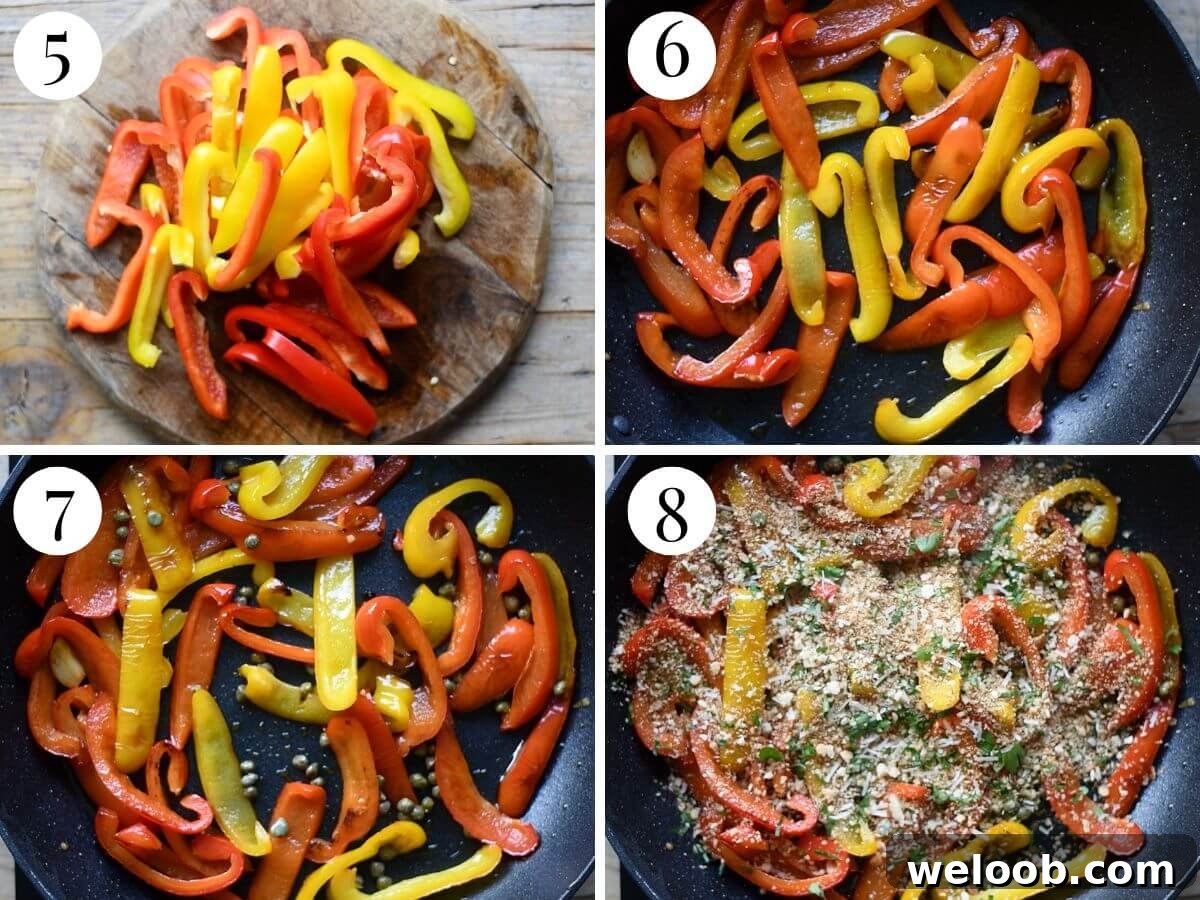 Four photos in a collage showing how to saute peppers.