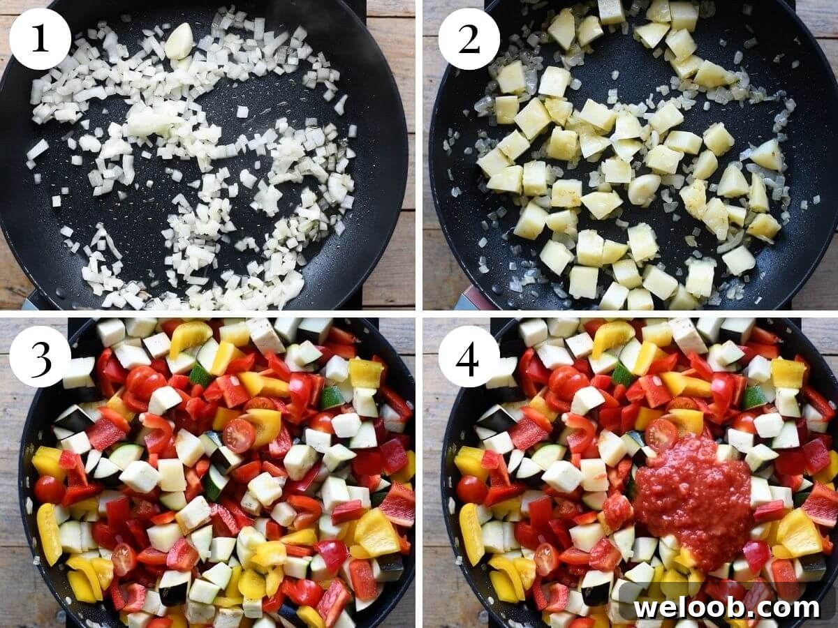 Four photos in a collage showing how to saute vegetables.