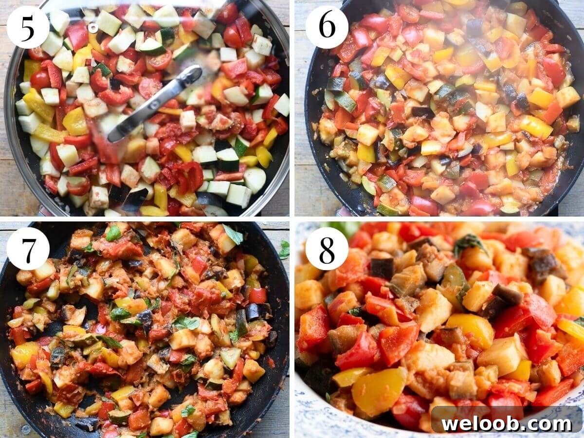 Four photos in a collage showing how to make Ciambotta with stewed vegetables.