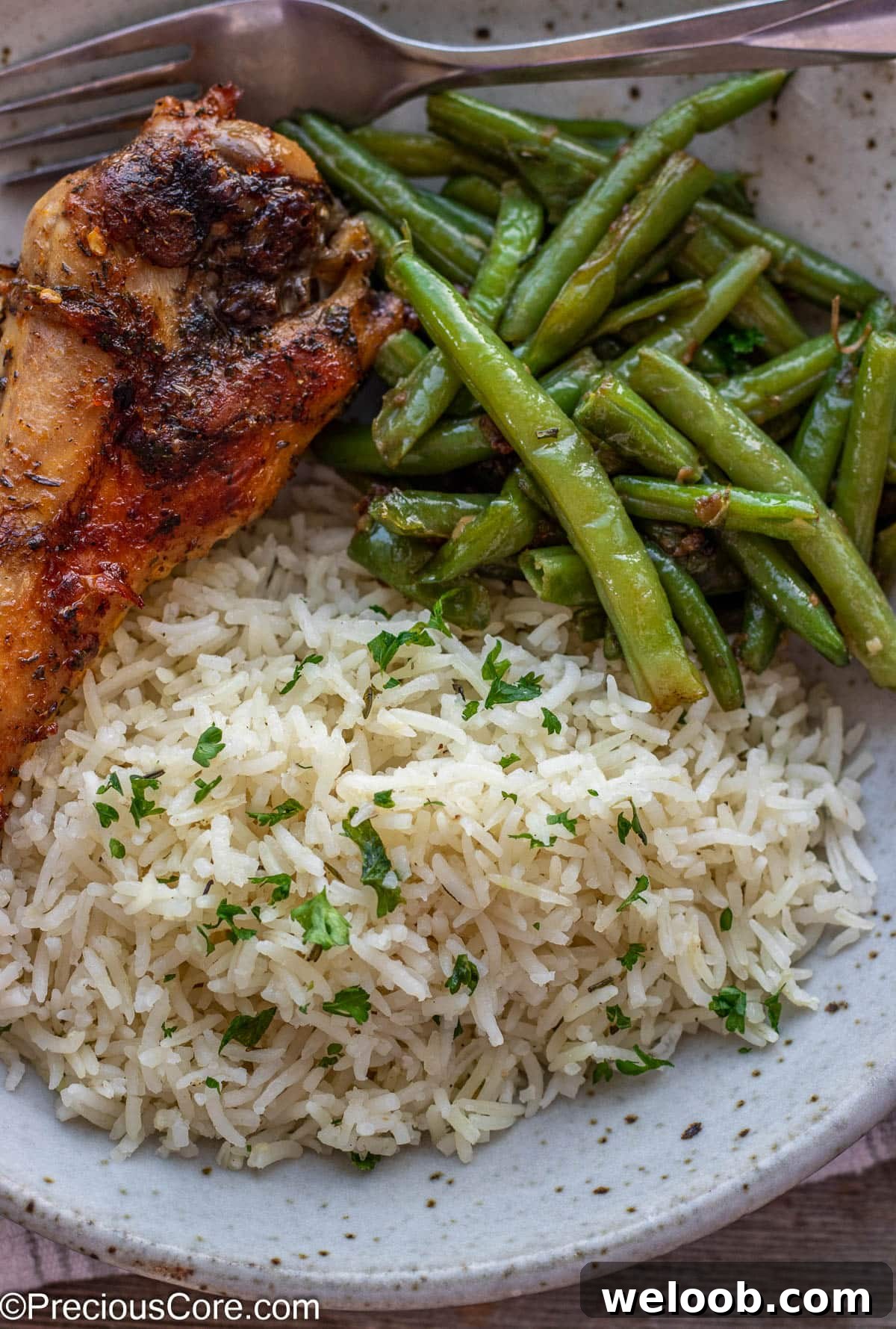 A bowl of rice, green beans and turkey.