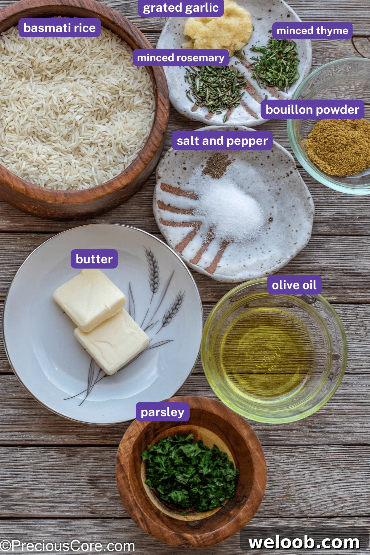 Prepped ingredients for garlic herb rice with labels to explain each ingredient.