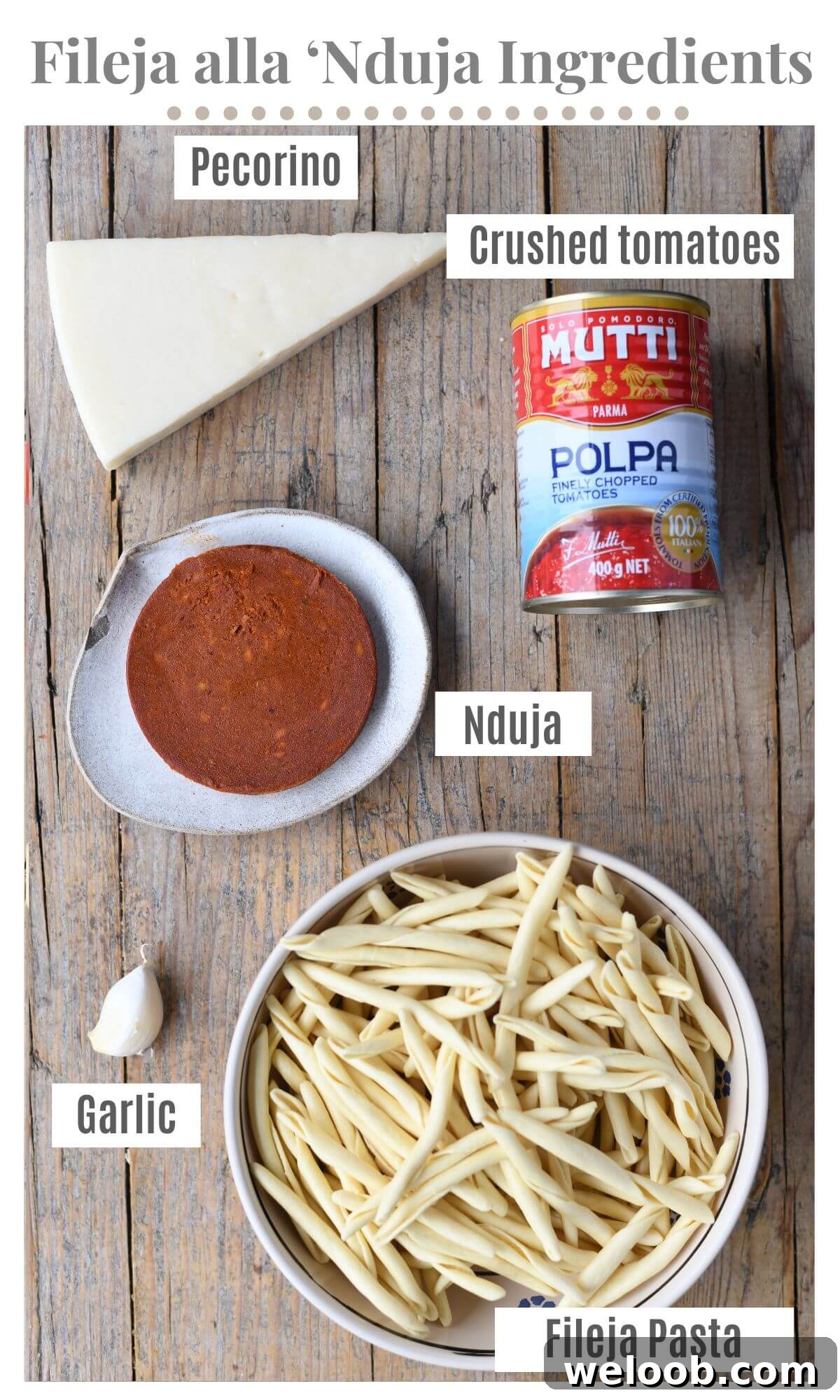 An overhead shot of all the ingredients needed to make a spicy Nduja pasta sauce.