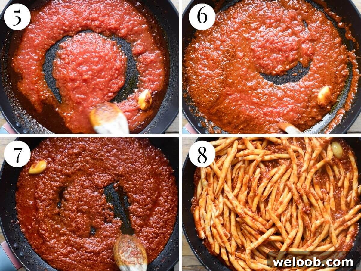 Four photos in a collage showing how to make an Nduja pasta sauce with Fileja pasta.