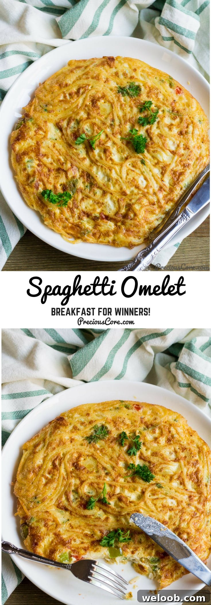 Collage with text "Spaghetti Omelet Breakfast for Winners!"