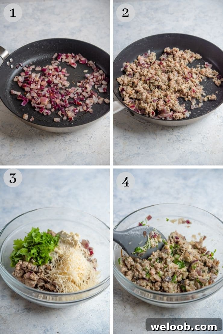 Step by step photos for how to make sausage stuffed mushrooms