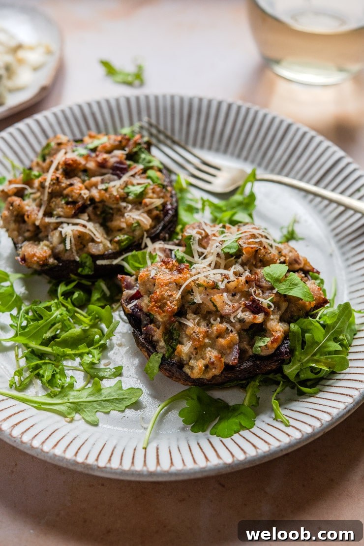 A side shot of sausage stuffed mushrooms on a plate with arugula