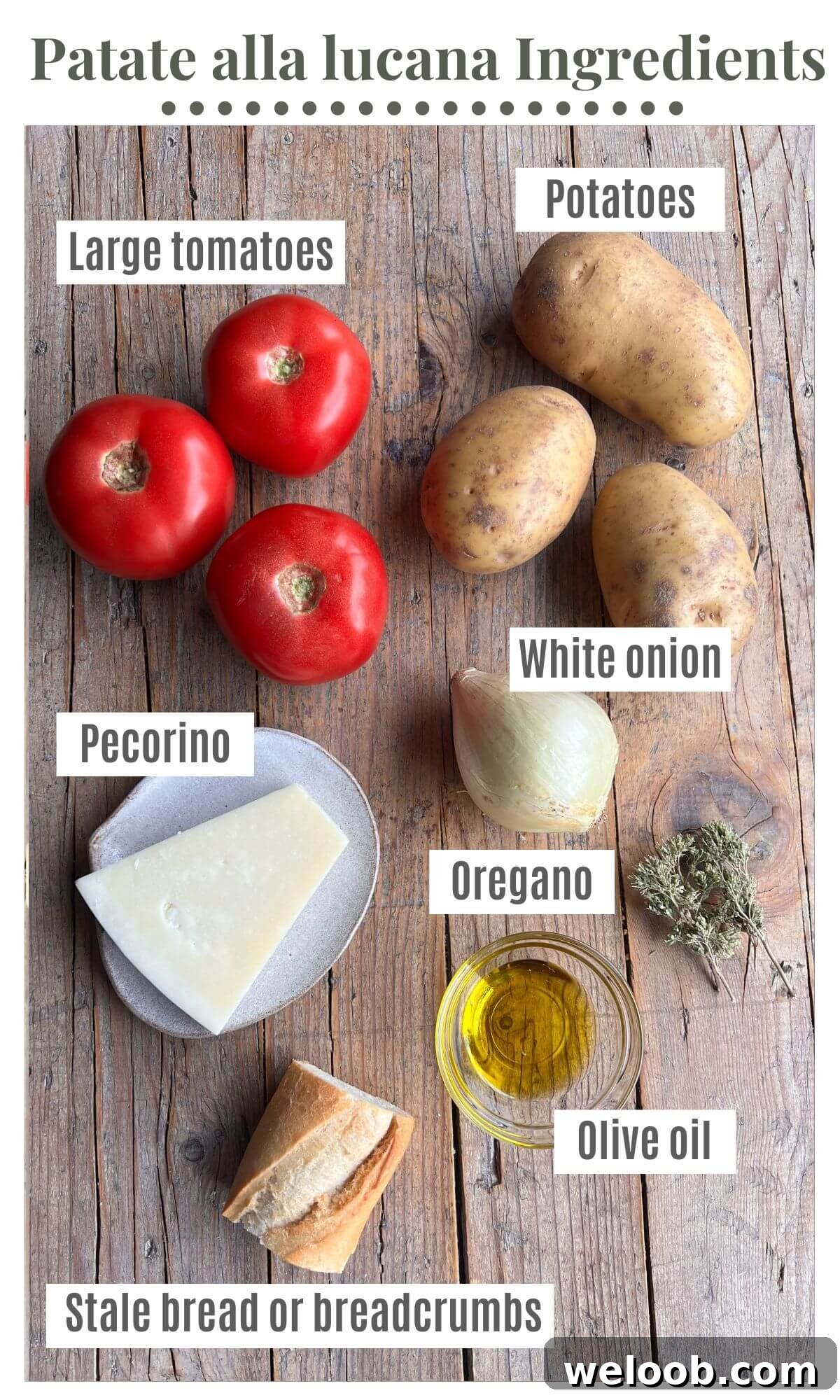An overhead shot of all the ingredients needed to make Patate alla Lucana (Italian Potato Gratin).