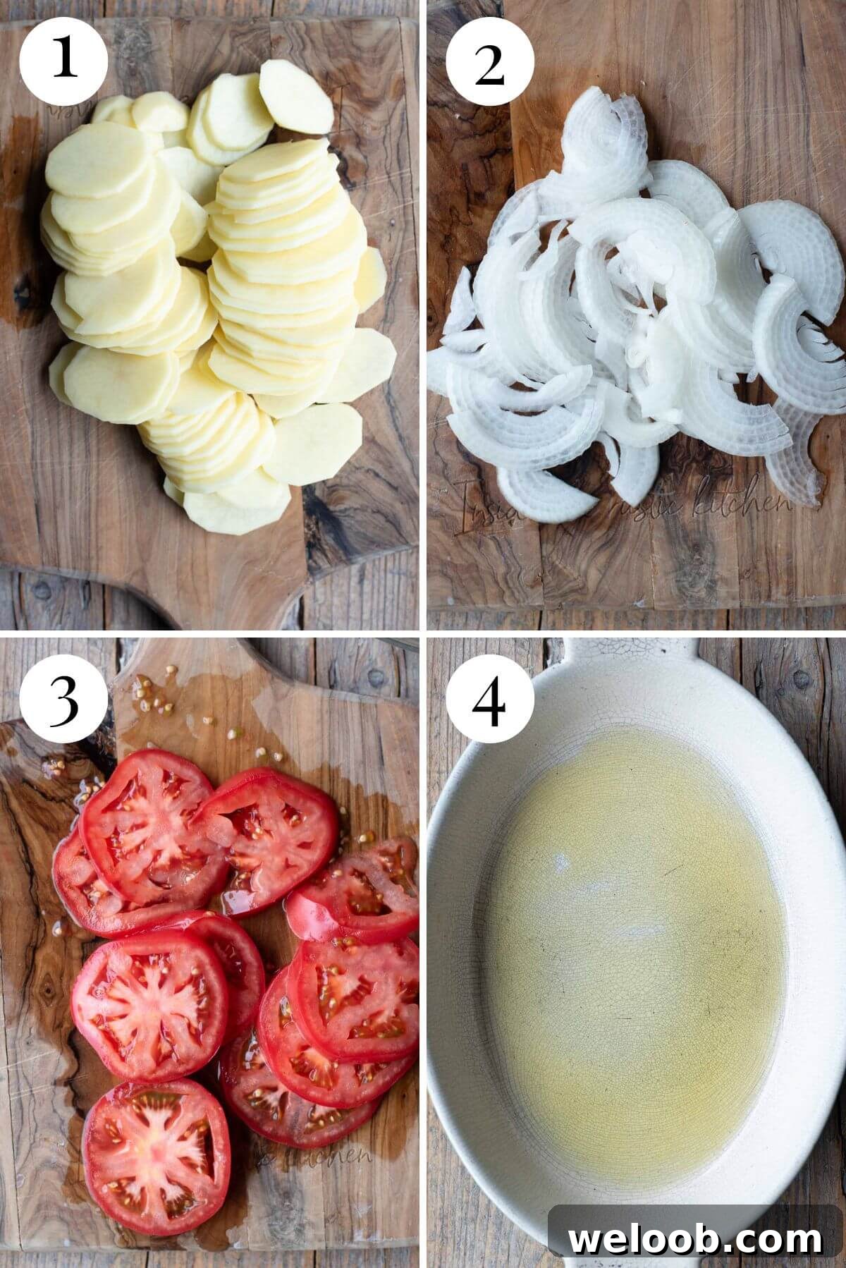 Four photos in a collage showing how to prepare the vegetables for making Patate alla Lucana.