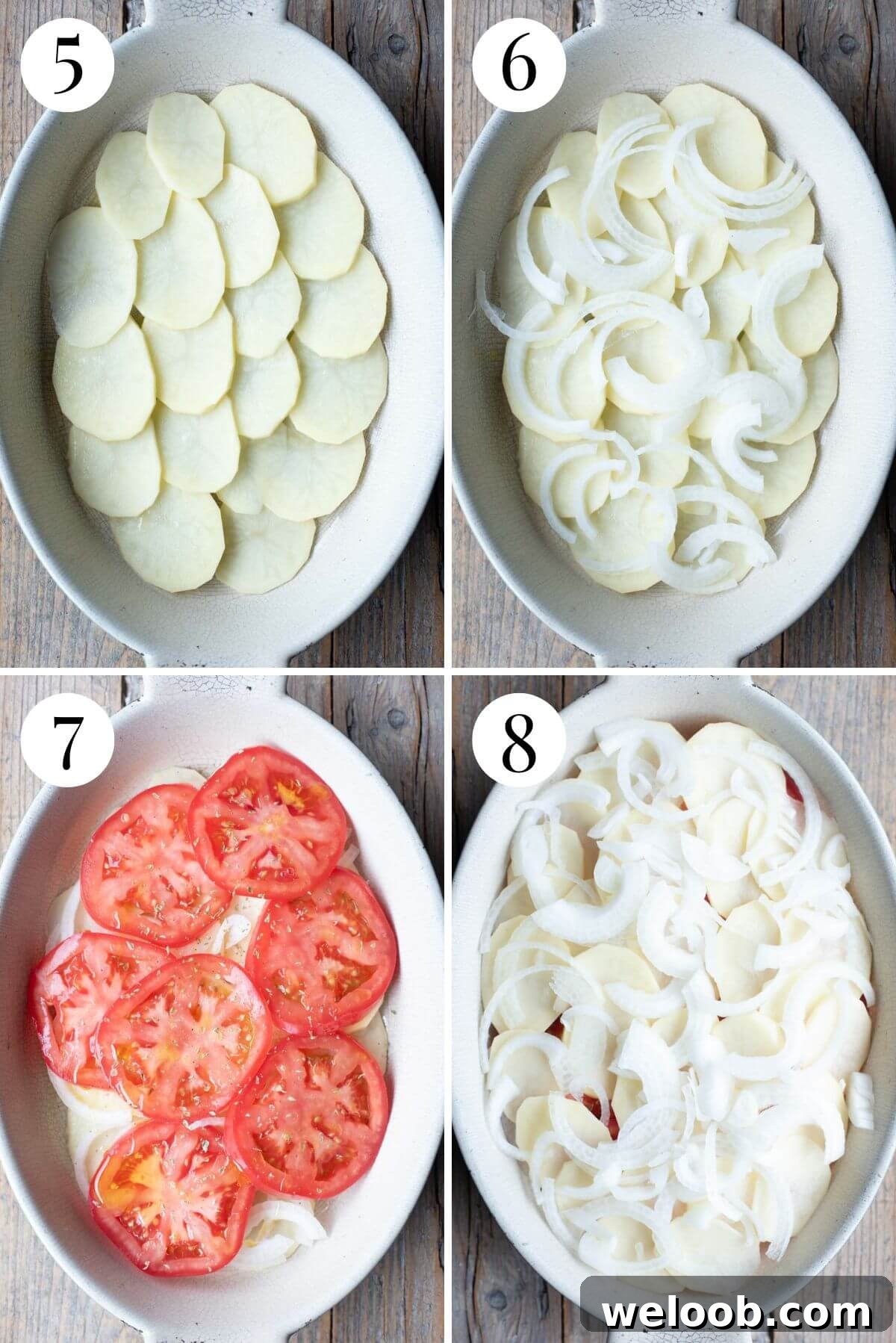 Four photos in a collage showing how to layer an Italian potato gratin.