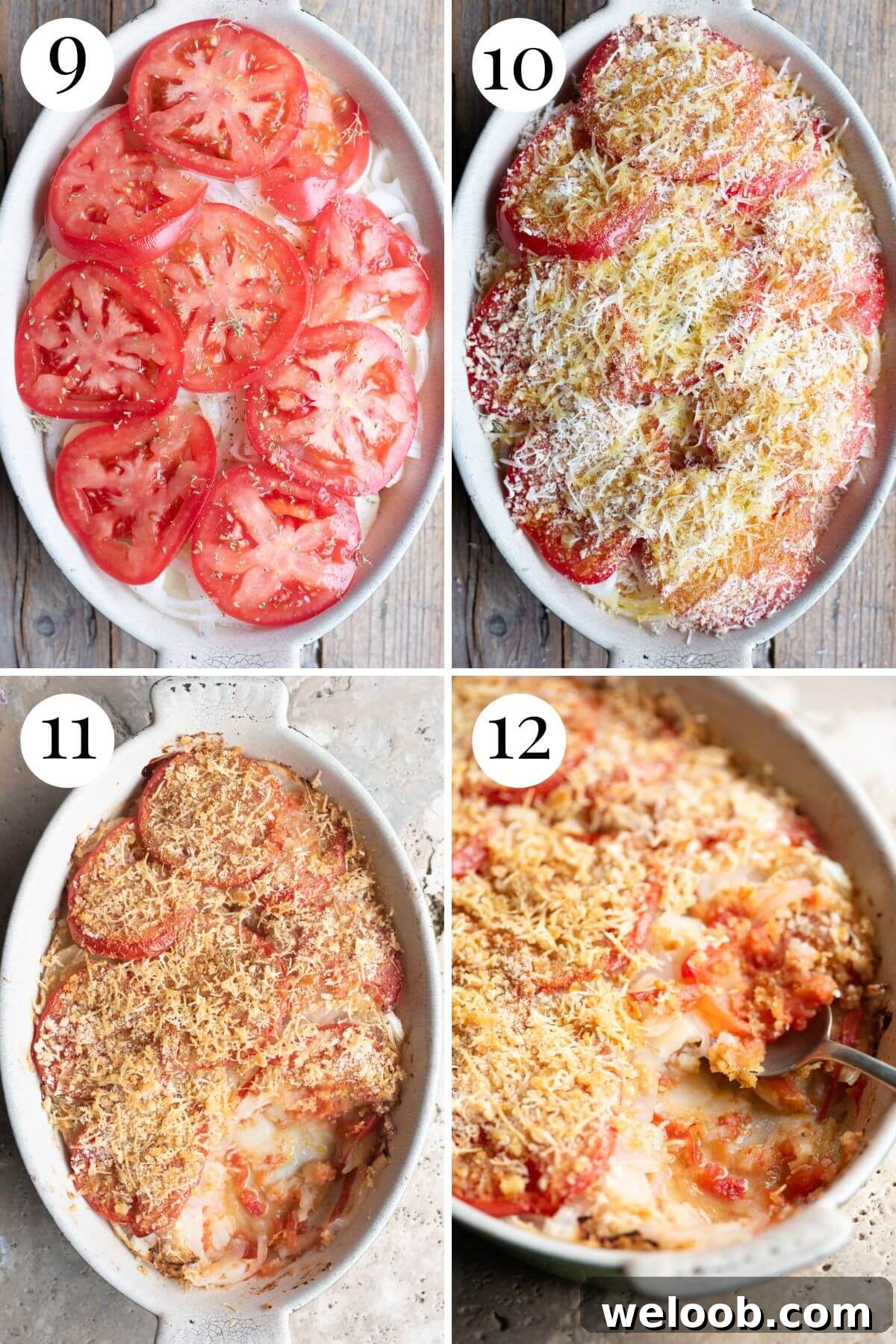 Four photos in a collage showing how to layer and bake Patate alla Lucana.