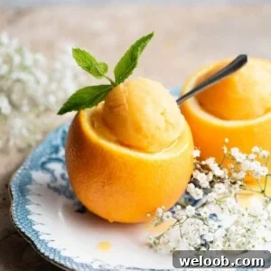 A close up cropped image of orange sorbet in a whole orange topped with a sprig of mint.