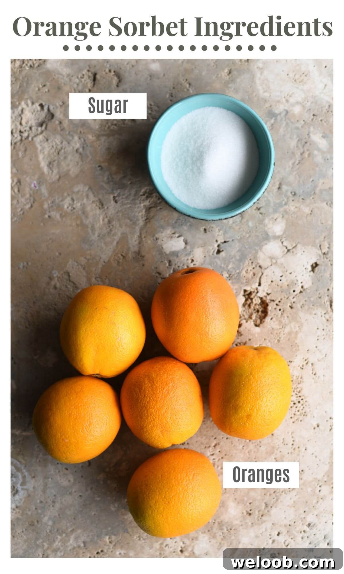 An overhead shot of all the ingredients you need to make orange sorbet (oranges and sugar).