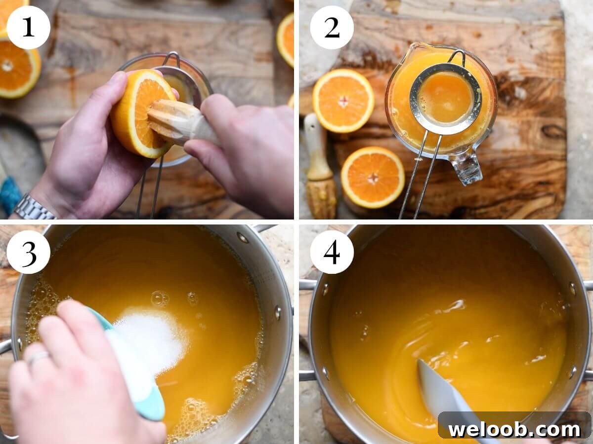 Four photos in a collage showing how to juice oranges and make a syrup for sorbet.