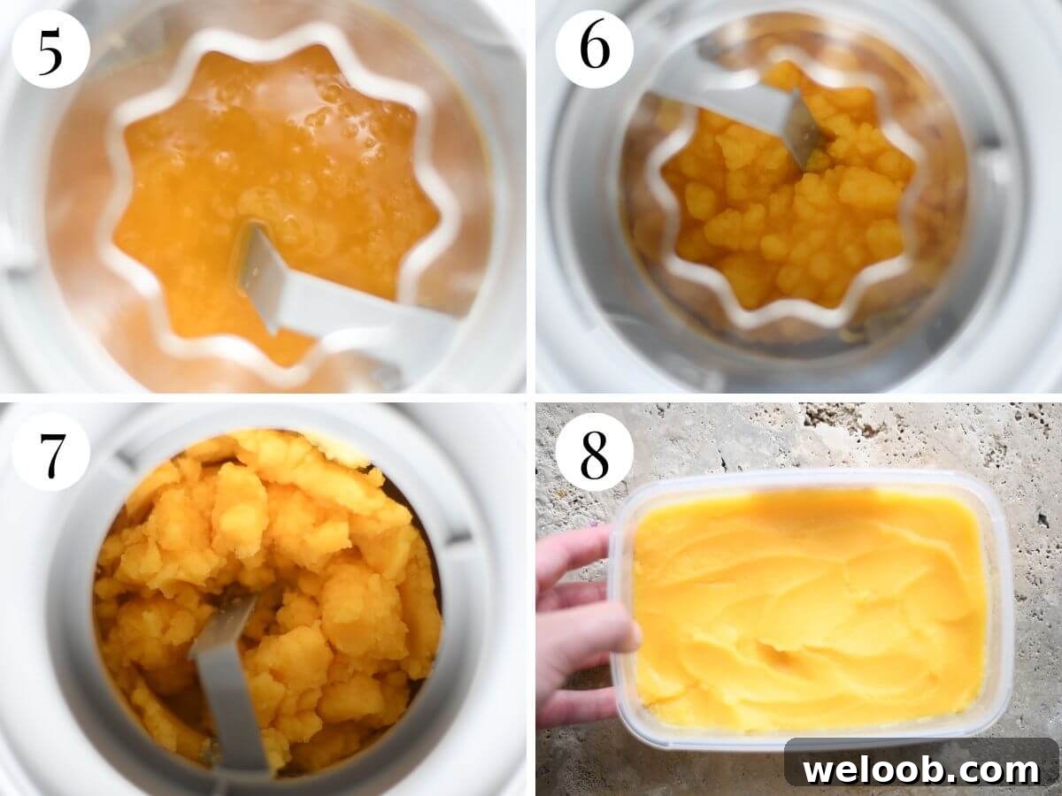 Four photos in a collage showing how to make orange sorbet with an ice cream machine.