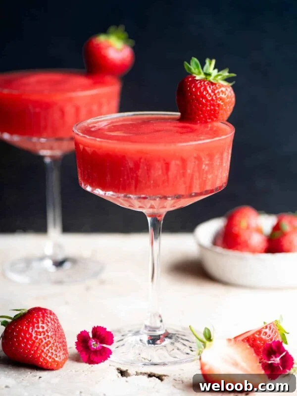 A side shot of a frozen strawberry cocktail in a glass garnished with a strawberry.