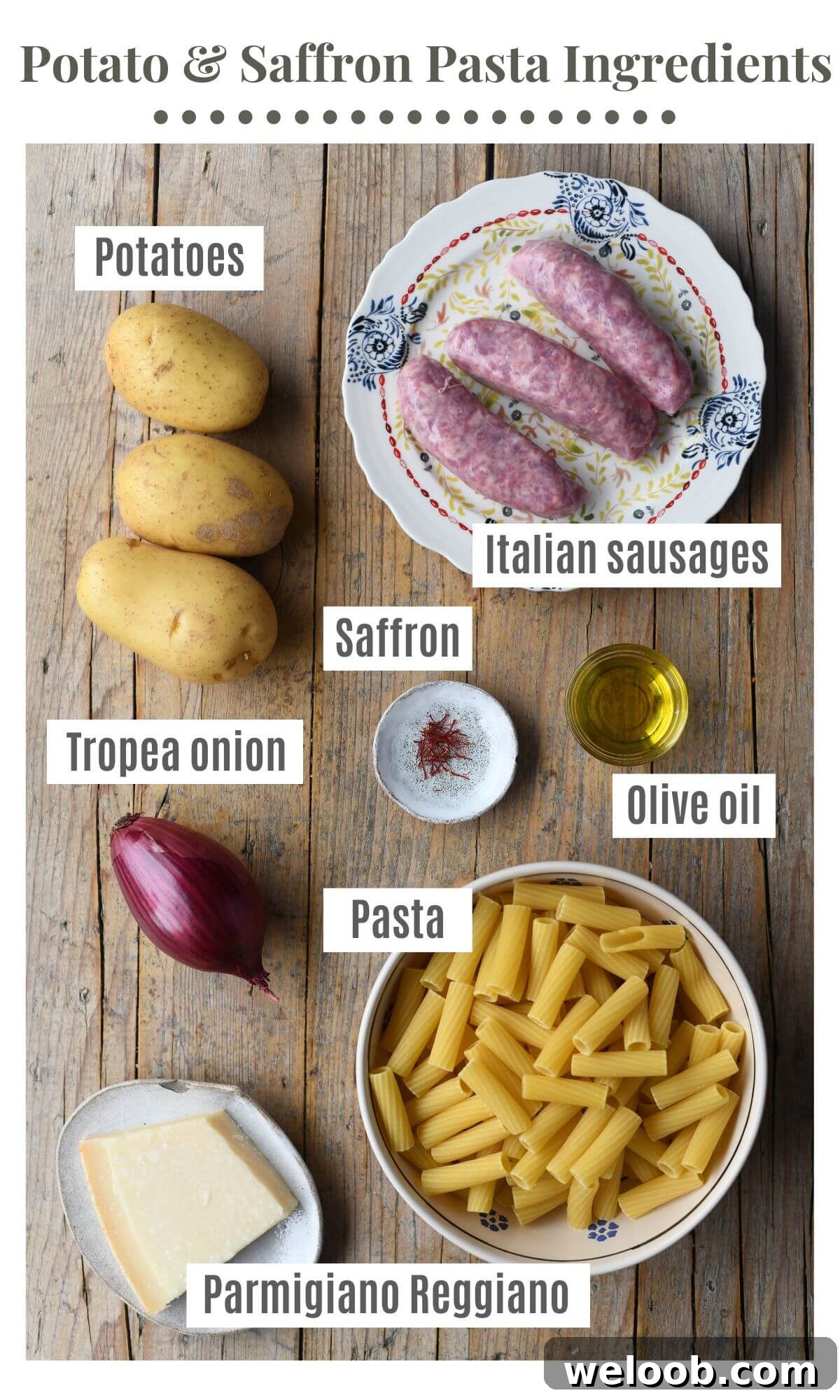 An overhead shot of all the ingredients needed to make a potato, saffron and sausage pasta.