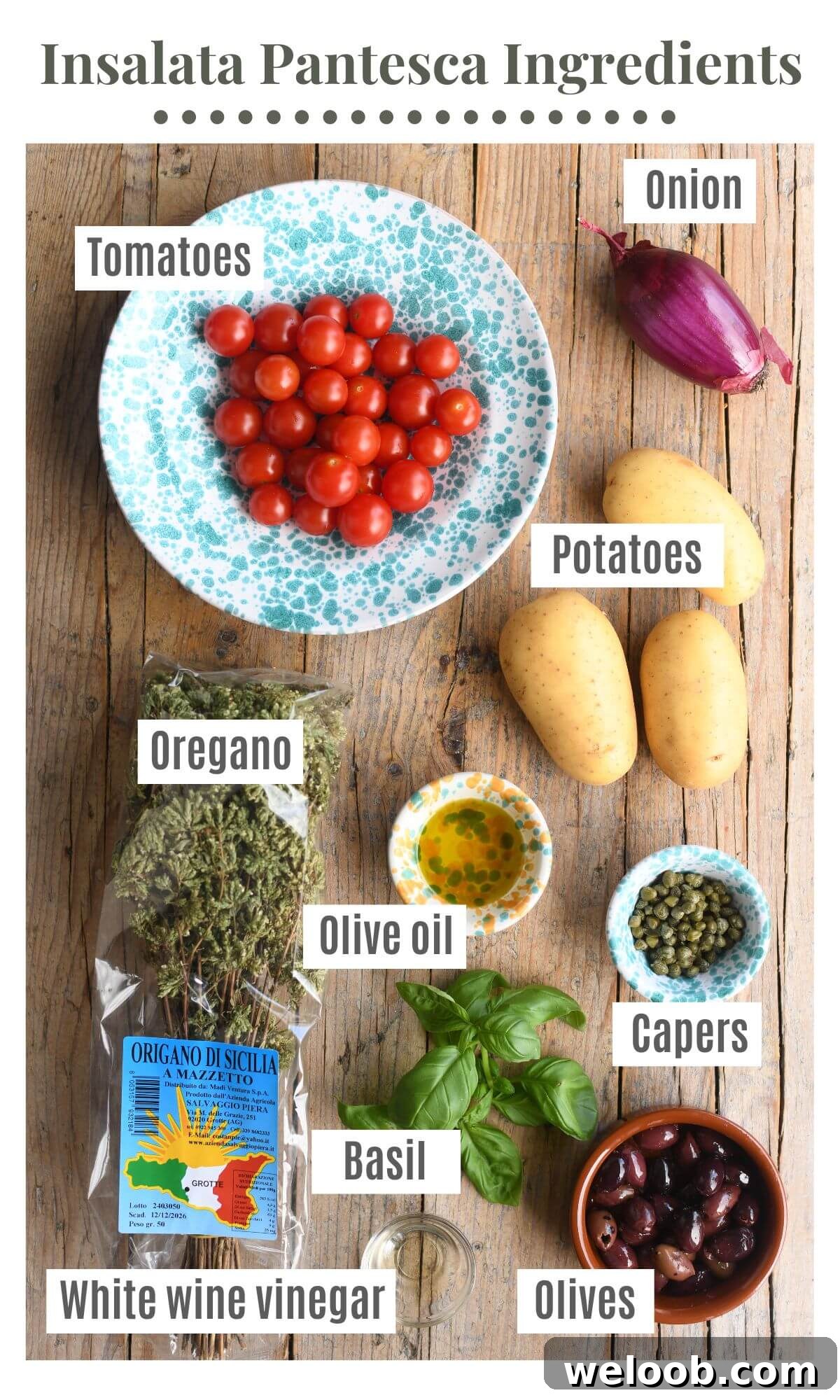 An overhead shot of all the ingredients needed to make a Sicilian potato salad.