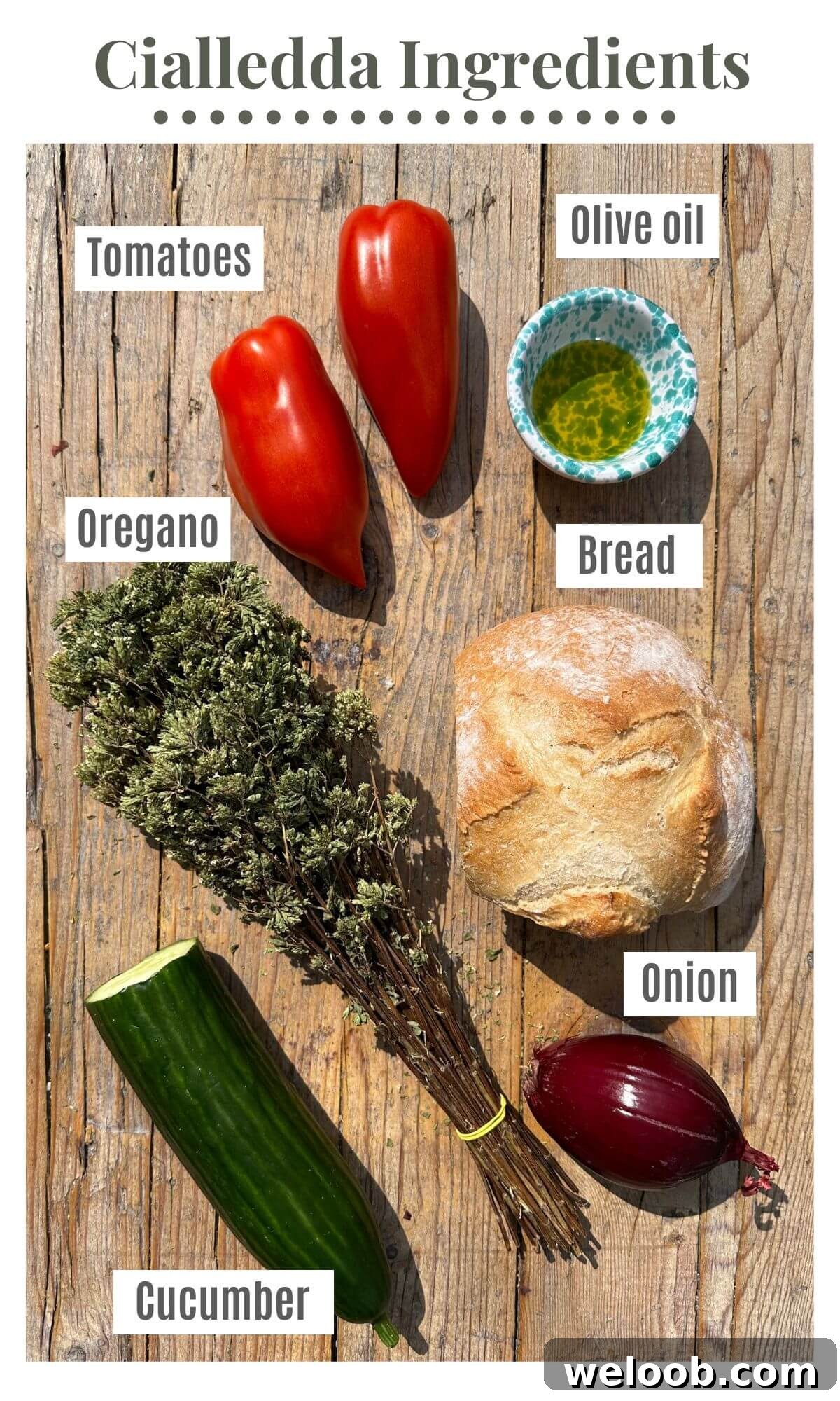 An overhead shot of all the ingredients needed to make a Cialledda bread salad.