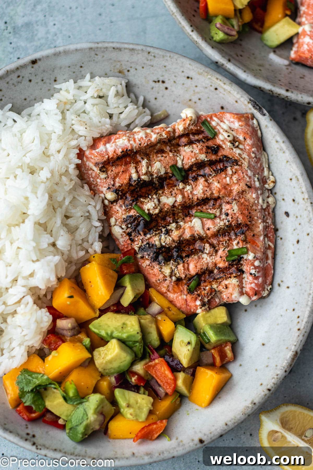 Rice and Salmon in a bowl.