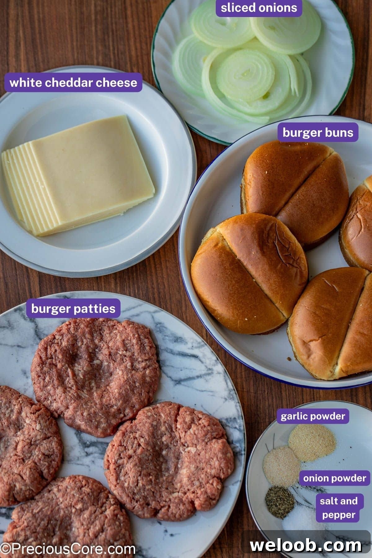 Ingredients for grilled onion cheddar burger with labels on them.