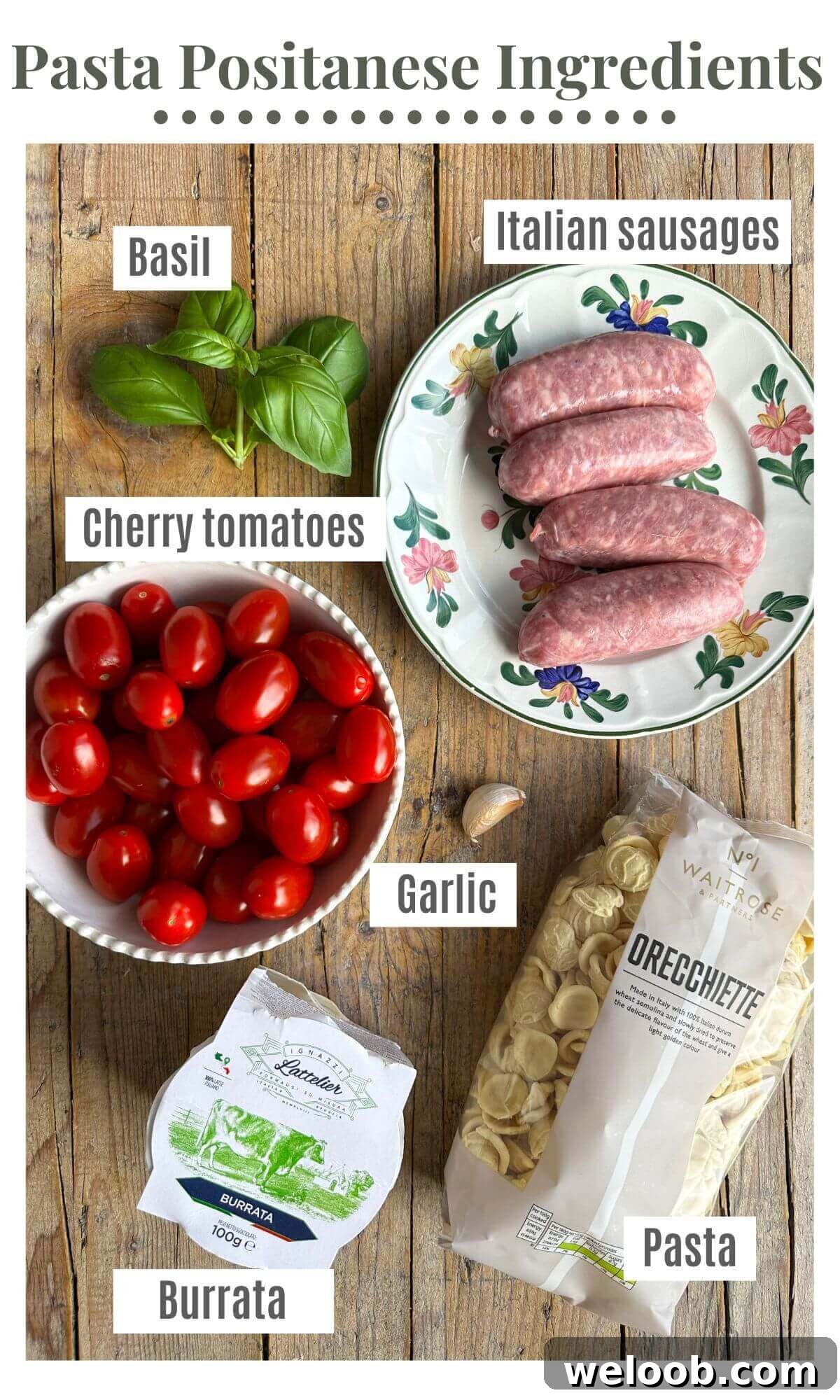 An overhead shot of all the ingredients needed to make Pasta Positanese.