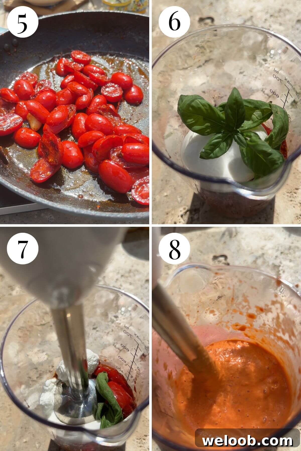 Four photos in a collage showing how to make a creamy tomato and burrata sauce.