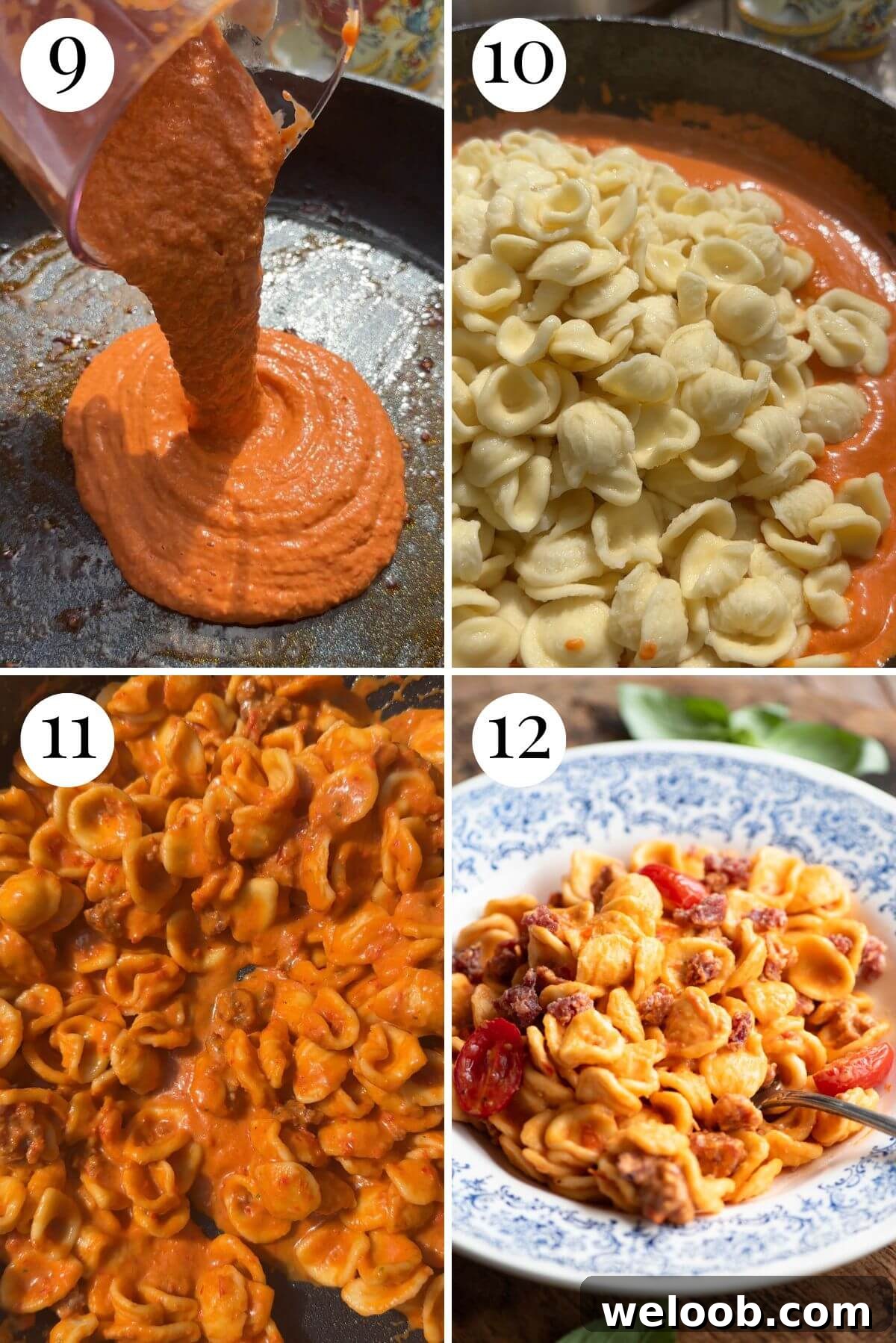 Four photos in a collage showing how to toss pasta with sauce, sausage and tomatoes.