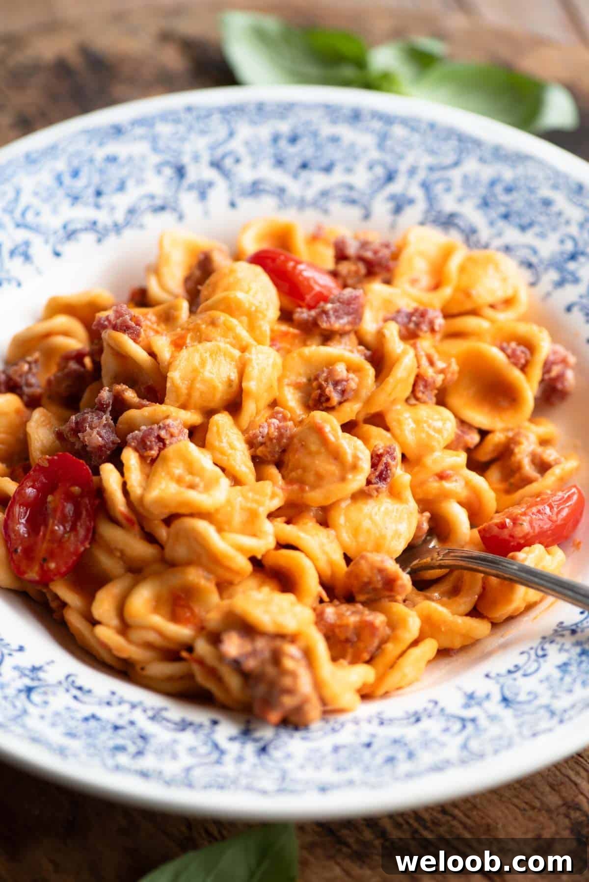 A close up side shot of orecchiette pasta with a sausage, tomato and burrata sauce in a blue patterned bowl.