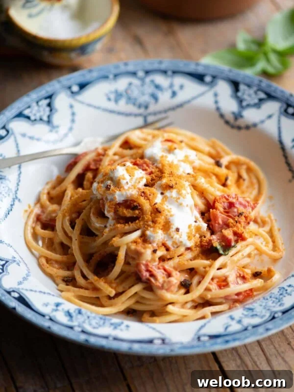Roasted cherry tomato spaghetti in a blue bowl sitting on a wooden background.