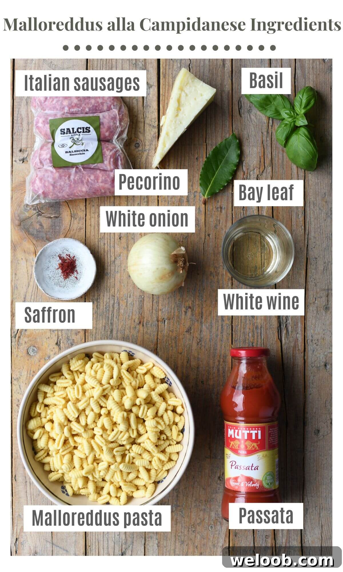 An overhead shot of all the ingredients needed to make Malloreddus alla Campidanese.