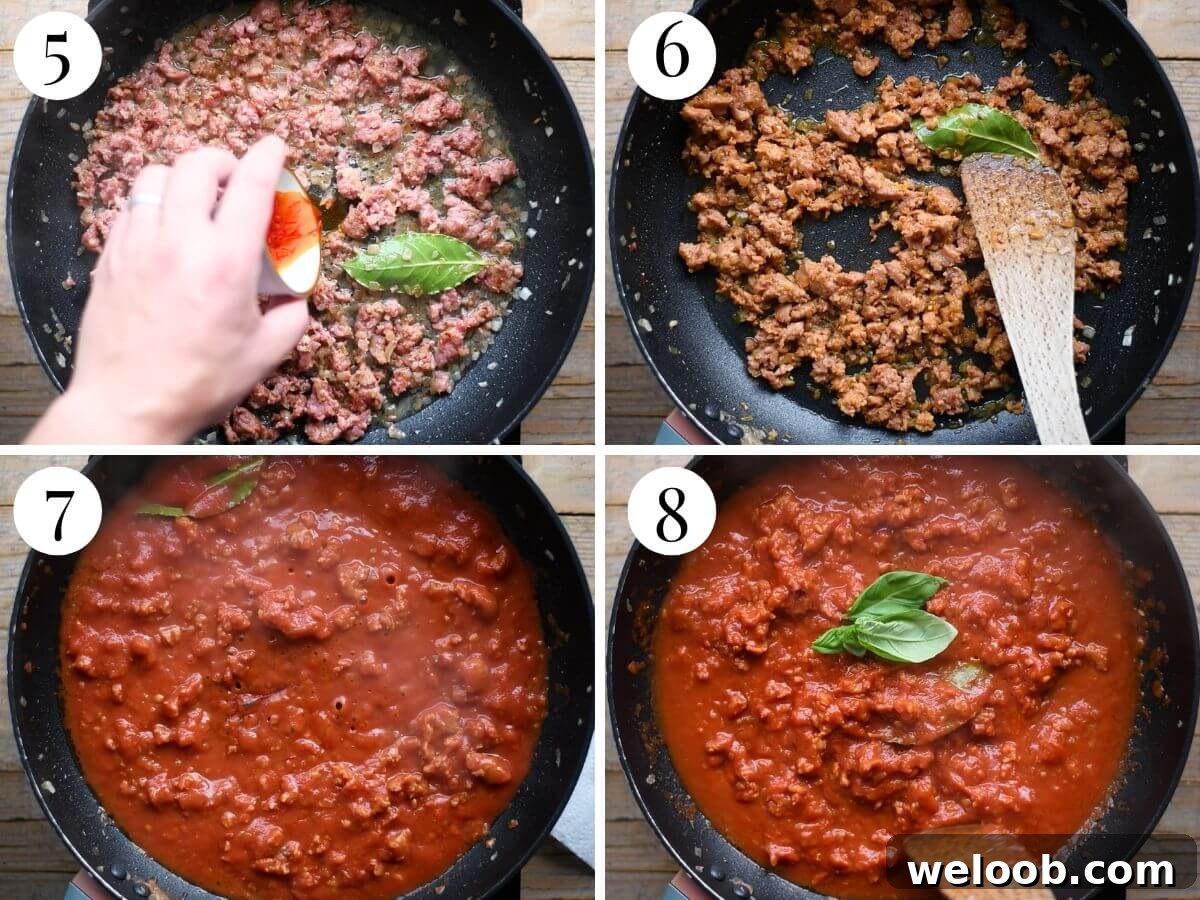 Four photos in a collage showing how to make a sausage, saffron and tomato sauce.