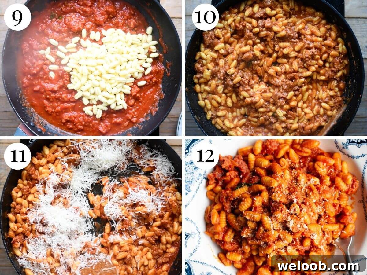 Four photos in a collage showing malloreddus pasta and pecorino getting added to the sauce.